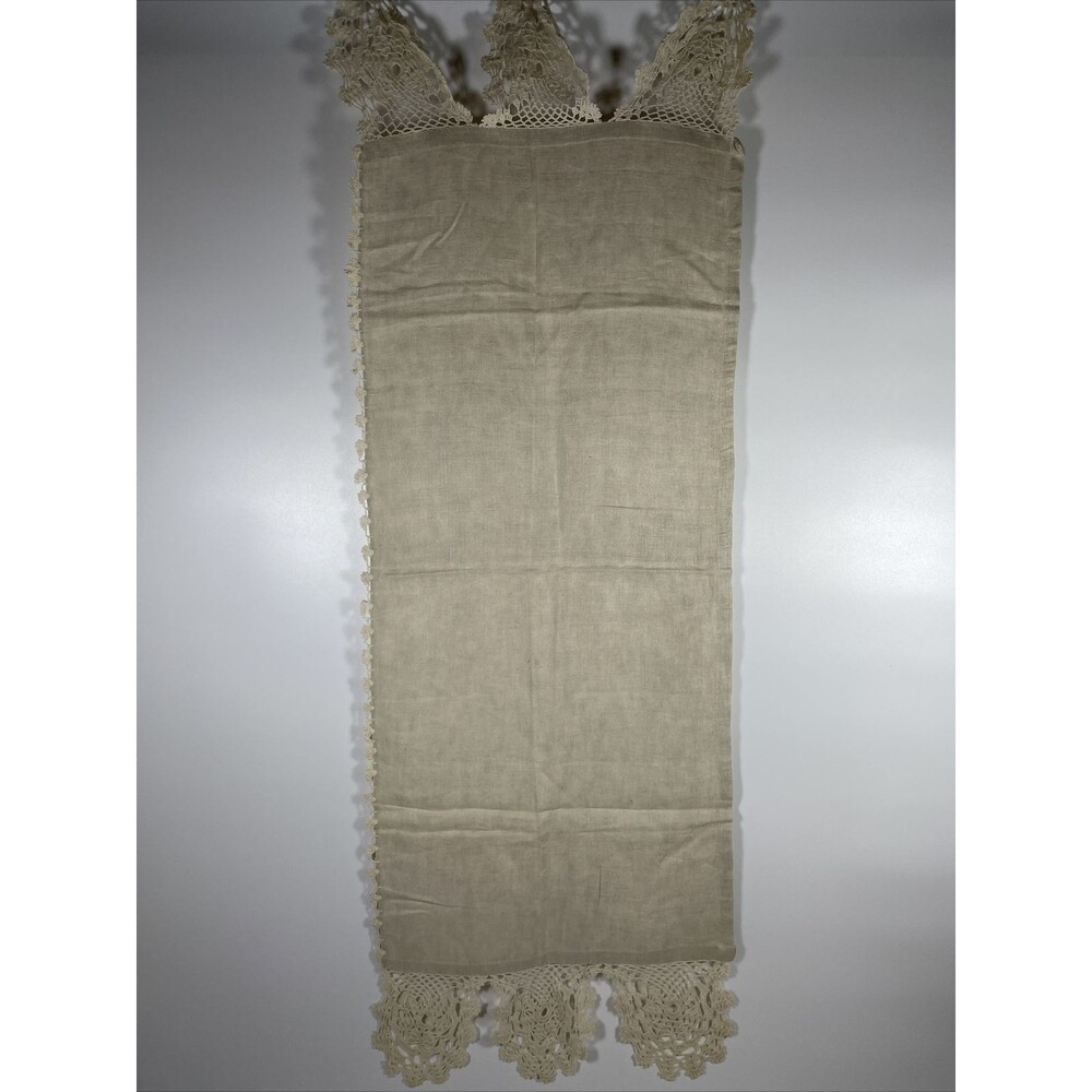 Vintage 1940s 50s Linen Textile Runner Crocheted Ends 15" x 44" Ecru